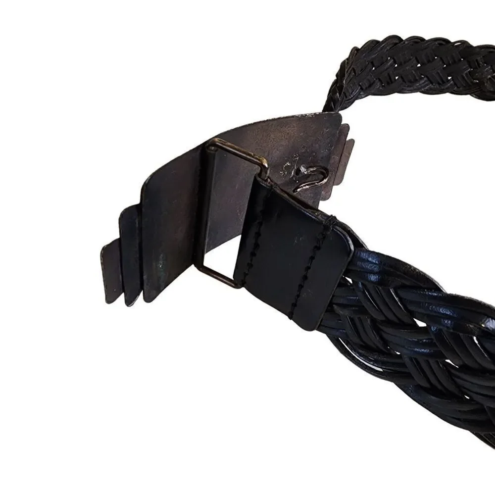 Chico’s- Black Braided Leather Ornate Rising Sun Big Buckle Medallion Belt, S/M